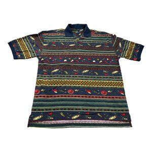 Vintage Sunwear Polo Shirt Men Large Golf Print 90s Navy All Over Clubs Tees Y2K